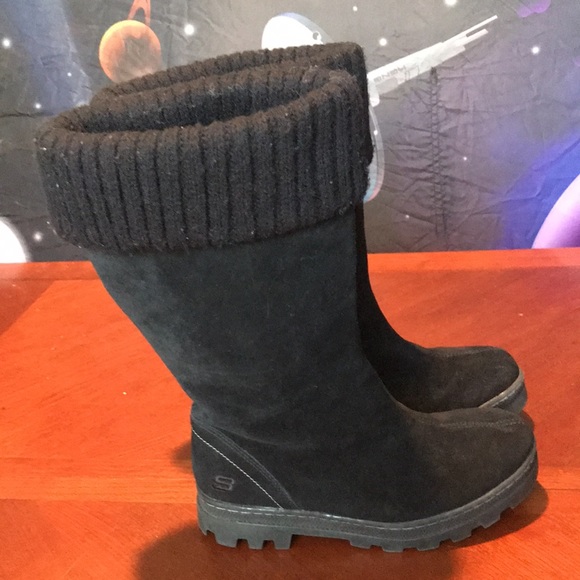 Skechers black leather winter boots shoes size 6 - Picture 1 of 16